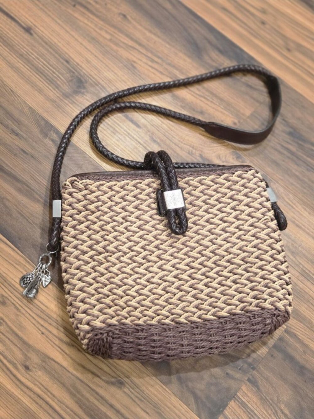 Brighton Woven Straw Crossbody Bag Brown Leather Trim Silver Heart Charms